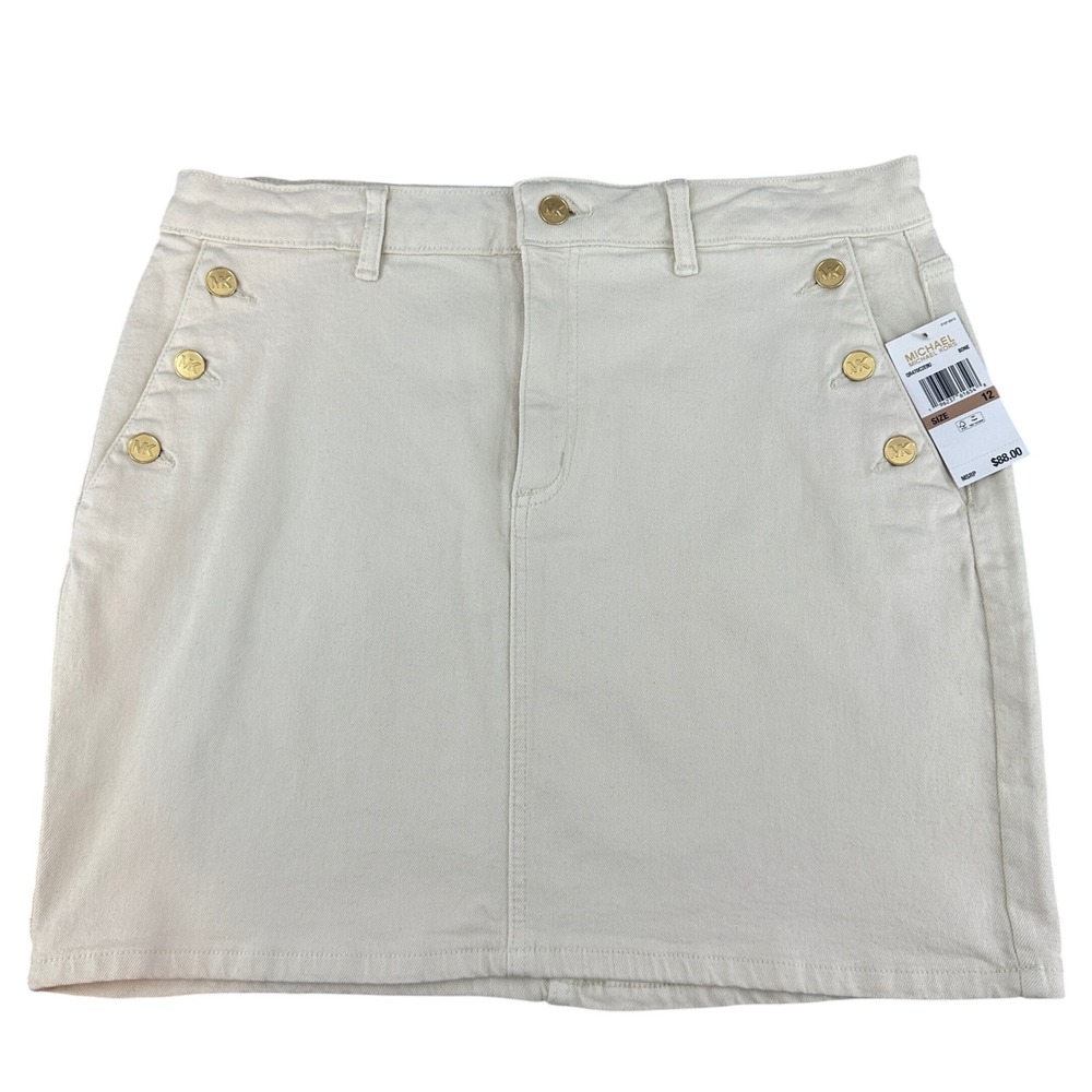 NWT Michael Kors Bone Oat Denim Mini Skirt Gold Logo Button Nautical 12 Preppy